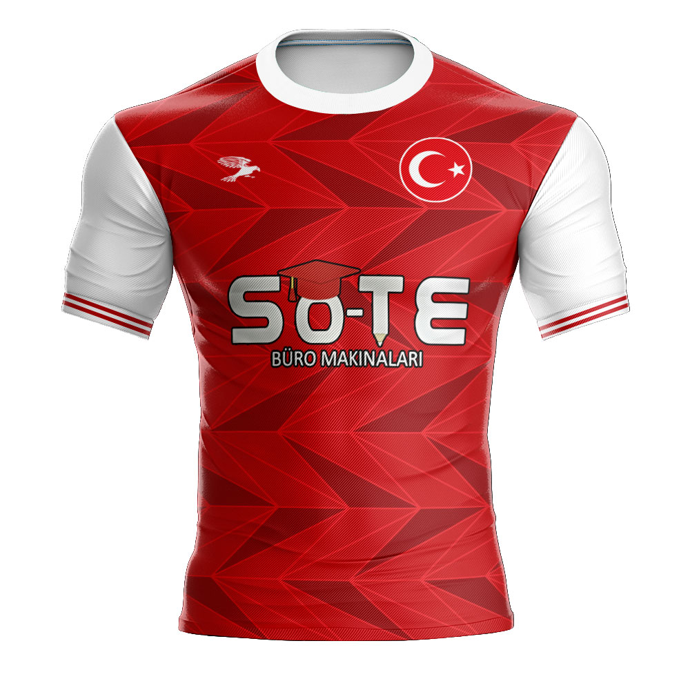 forma yaptırma kırmızı beyaz geometrik futbol forması ön görünüm sponsor logolu özel üretim