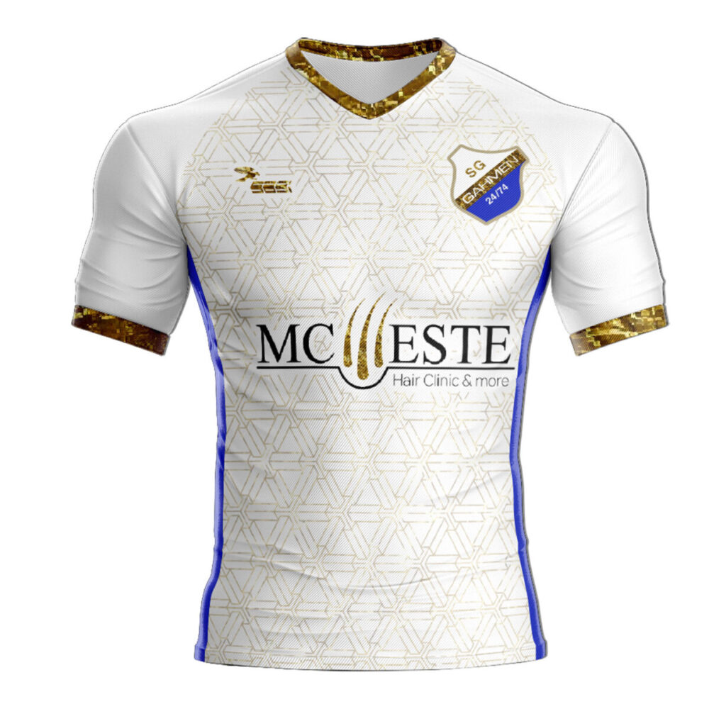 Gold Dream futbol forması ön tasarım, V yaka altın detaylı özel forma modeli